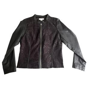 Christopher & Banks Vegan Leather JACKET Full Zip Black Lace Front Women's MED